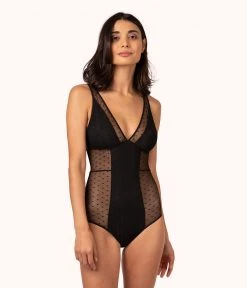 Wearlively Categories The Dot Mesh Plunge Bodysuit: Jet Black