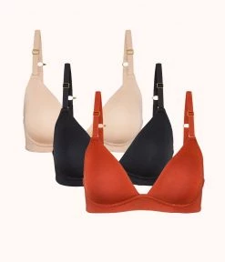 Wearlively The All-Day Plunge No-Wire Bra Trio: Burnt Orange/Jet Black/Toasted Almond Bras