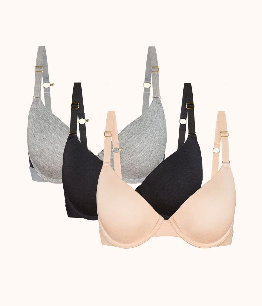 Wearlively The All-Day T-Shirt Bra Trio: Heather Gray/Jet Black/Toasted Almond Bras