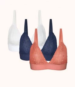 Wearlively The Crochet Lace Bralette Trio: Navy/Matte Rose/White Bras