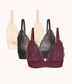 Wearlively The Long-Lined Lace Bralette Trio: Toasted Almond/Jet Black/Plum Bras