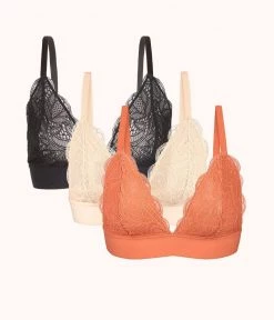 Wearlively The Long-Lined Lace Bralette Trio: Terracotta/Jet Black/Toasted Almond Bras