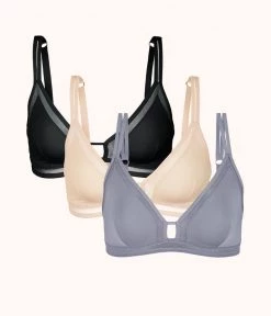 Wearlively Bras The Mesh Trim Bralette Trio: Toasted Almond/Jet Black/Smoke