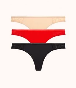 Wearlively Categories The Palm Lace Thong Bundle: Toasted Almond/Jet Black/Tomato Red