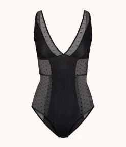 Wearlively Categories The Dot Mesh Plunge Bodysuit: Jet Black